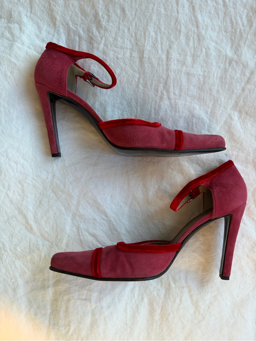 Vintage Prada Suede Velvet Trim Pointy Toe Ankle Strap Heels Hot Pink Red 90s - Picture 6 of 9